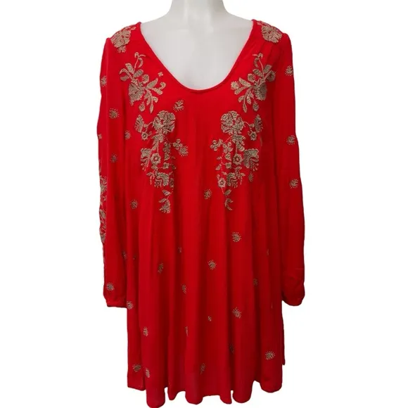 Free People Orange Coral Embroidered Boho Swing Floral Dress Pockets Extra Small