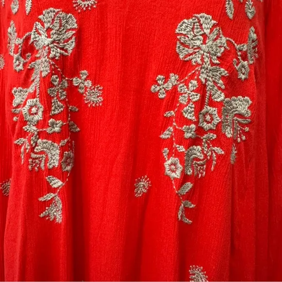 Free People Orange Coral Embroidered Boho Swing Floral Dress Pockets Extra Small