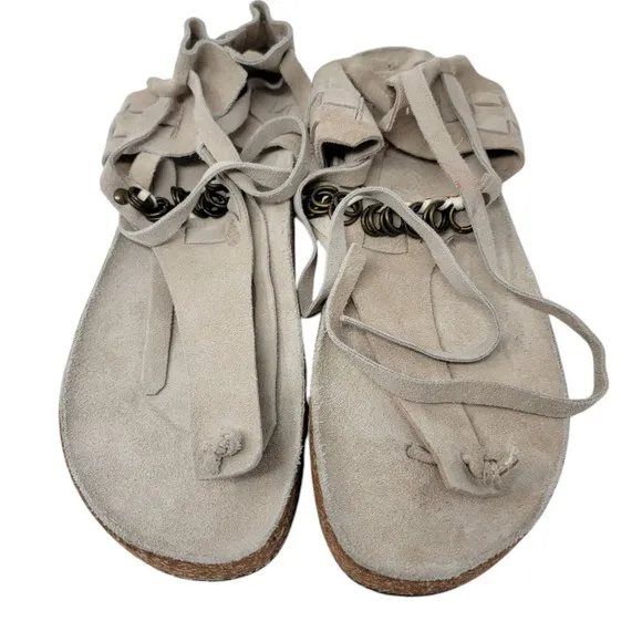 Free People Sandals 40 US 9.5 Collins Wrap Boho Suede Beige Cork Gladiator Tie