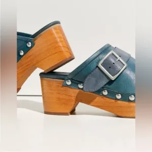 Free People Shoes Culver City ClogBlue with Wooden Heel Size 38 1/2