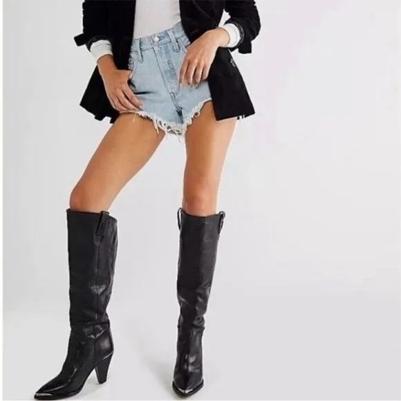 Free People Stevie Tall Boots Black Leather Size 37 NIB Knee High Riding Boot
