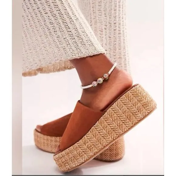 Free People Tan Woven Raffia Harbor Platform Sandal Size 8