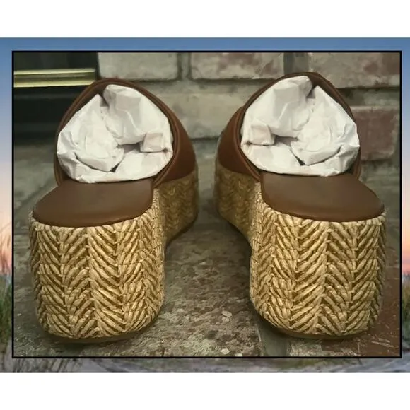 Free People Tan Woven Raffia Harbor Platform Sandal Size 8