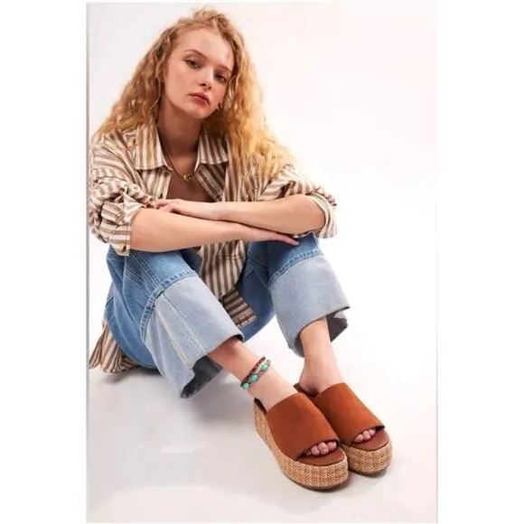 Free People Tan Woven Raffia Harbor Platform Sandal Size 8