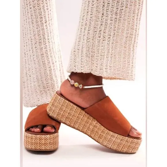 Free People Tan Woven Raffia Harbor Platform Sandal Size 8