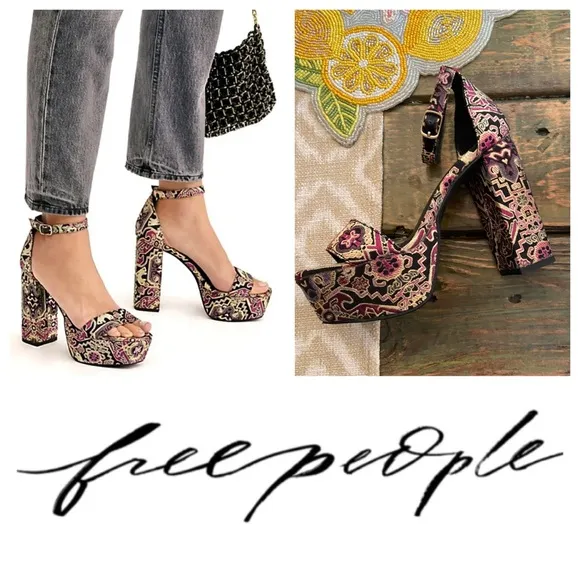 Free People Vegan Sandal Heel Platform Fabric Print Ankle Strap Gold Black Sz 9