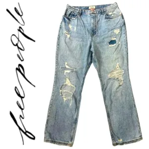 Free People “We The Free” Curvy bdg 25 Patchwork Straight Leg Jeans Sz 35