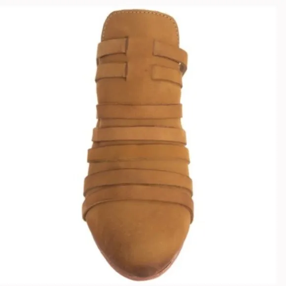 Free People | Women's camel colored leather Byron Strappy Stack Heel Mules, sz 9