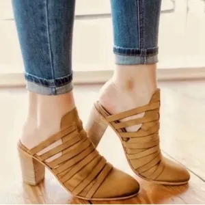 Free People | Women's camel colored leather Byron Strappy Stack Heel Mules, sz 9