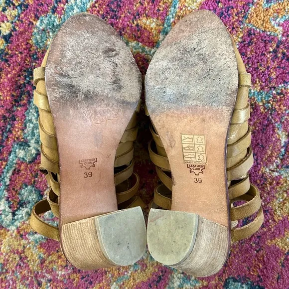 Free People | Women's camel colored leather Byron Strappy Stack Heel Mules, sz 9