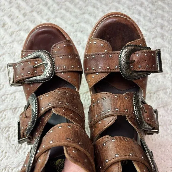 Freebird By Steven Western Boho Heeled Sandal‎ Triple Buckle Leather Sz 7 NWOT