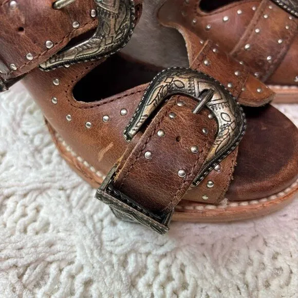 Freebird By Steven Western Boho Heeled Sandal‎ Triple Buckle Leather Sz 7 NWOT
