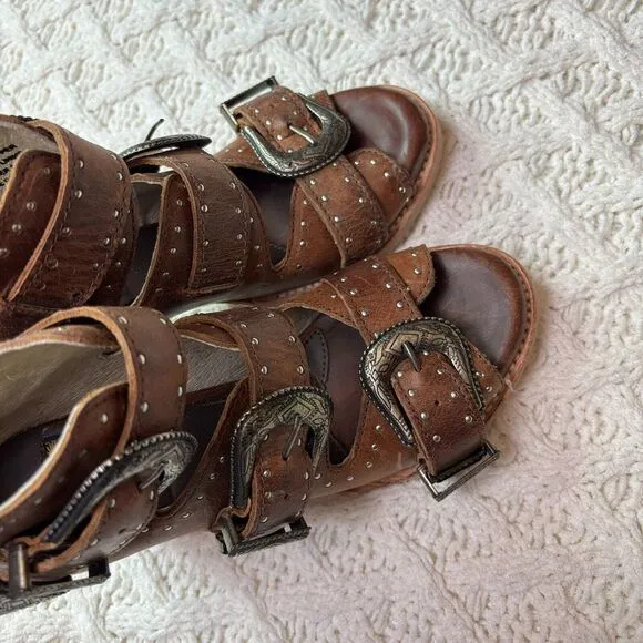 Freebird By Steven Western Boho Heeled Sandal‎ Triple Buckle Leather Sz 7 NWOT