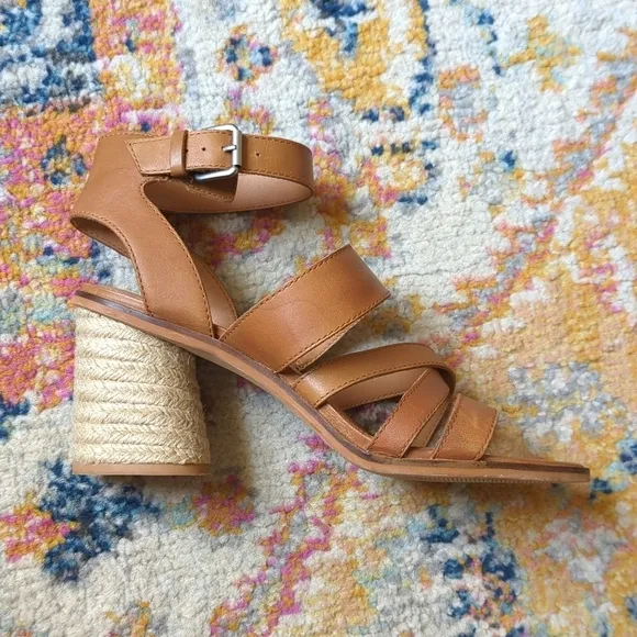 Frye &amp; Co. Leiah Leather Strappy Open Toe Jute Wrapped Block Heel Sandals Tan 10
