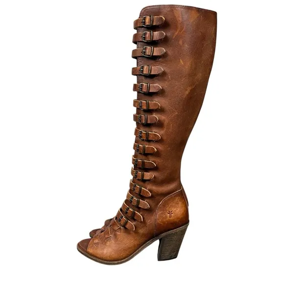 Frye Boots Womens 9 Western Leather Izzy Gladiator Tall Brown Sandals