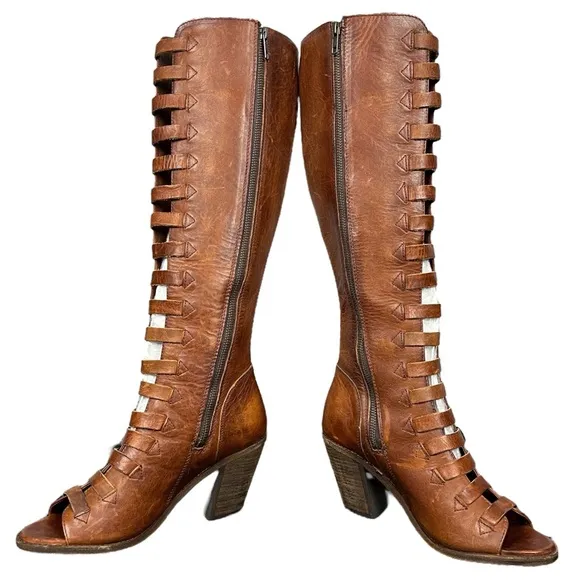 Frye Boots Womens 9 Western Leather Izzy Gladiator Tall Brown Sandals