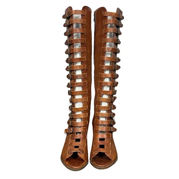 Frye Boots Womens 9 Western Leather Izzy Gladiator Tall Brown Sandals