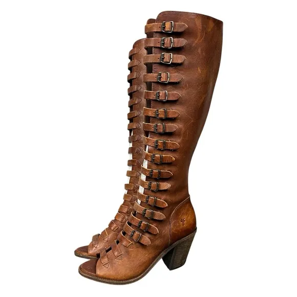 Frye Boots Womens 9 Western Leather Izzy Gladiator Tall Brown Sandals