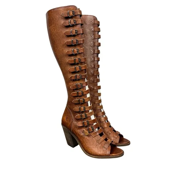 Frye Boots Womens 9 Western Leather Izzy Gladiator Tall Brown Sandals