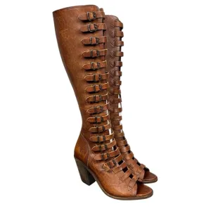 Frye Boots Womens 9 Western Leather Izzy Gladiator Tall Brown Sandals
