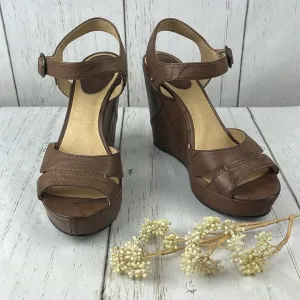 Frye Corinna Campus Brown Leather Wedge Sandals Womens Size 8.5 Boho Open Toe