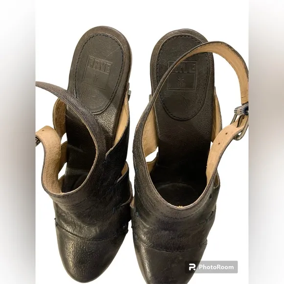 FRYE Flora Stitch Stacked High Heel Slingback Sandals Clogs 11M Dark Brown