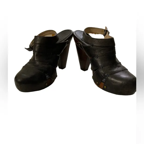FRYE Flora Stitch Stacked High Heel Slingback Sandals Clogs 11M Dark Brown