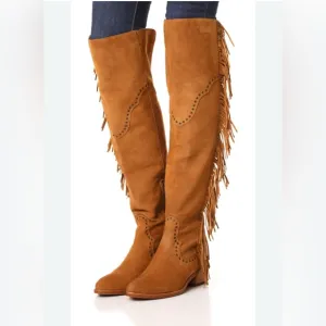 Frye Ray Fringe Over The Knee Tall Suede Grommet Point Toe Boots Like new 6.5