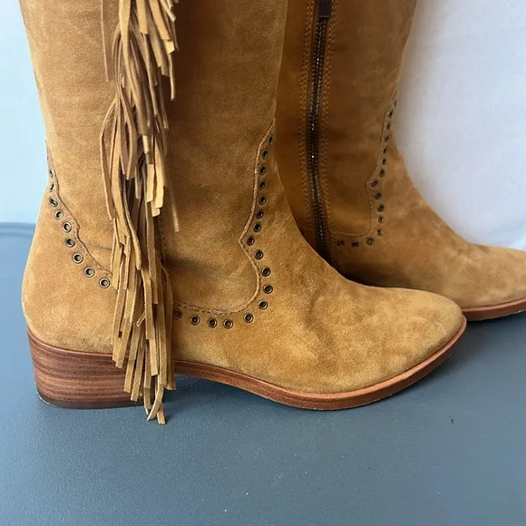 Frye Ray Fringe Over The Knee Tall Suede Grommet Point Toe Boots Like new 6.5