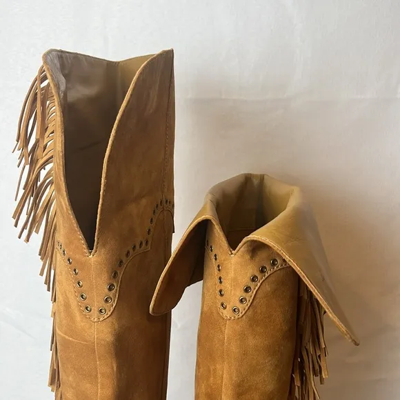 Frye Ray Fringe Over The Knee Tall Suede Grommet Point Toe Boots Like new 6.5