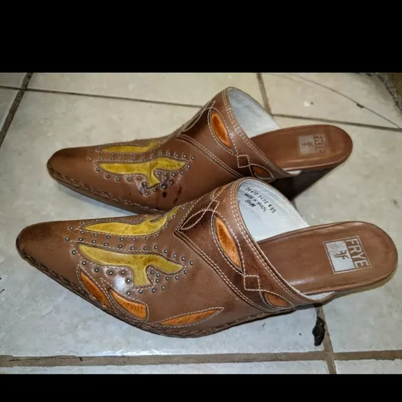 Frye Stylish Brown Leather Mules Boots Abstract Design Leather Multicolored S2