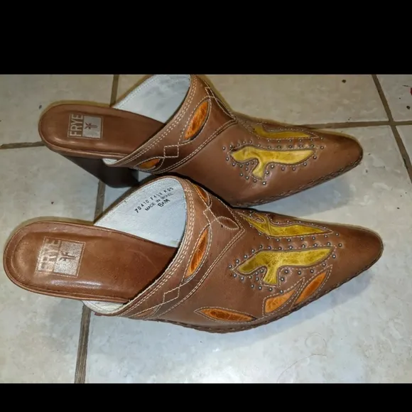 Frye Stylish Brown Leather Mules Boots Abstract Design Leather Multicolored S2
