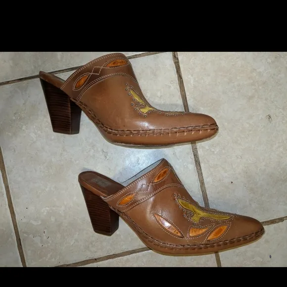 Frye Stylish Brown Leather Mules Boots Abstract Design Leather Multicolored S2