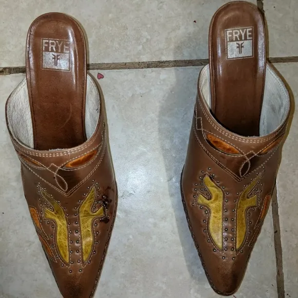 Frye Stylish Brown Leather Mules Boots Abstract Design Leather Multicolored S2