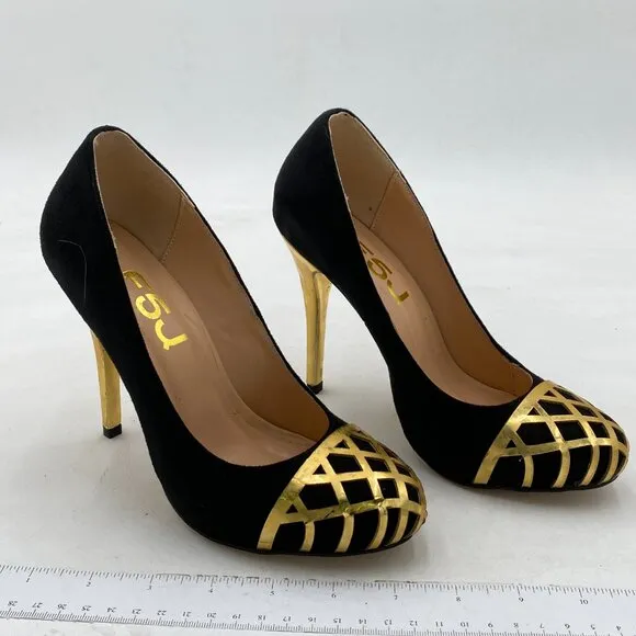 FSJ Black And Gold Sexy Slip On Formal Pumps Stiletto Heels Pointy Toe Chic Shoe