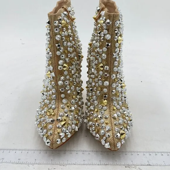 FSJ Gold Trendy Pointed Toe Ankle Boot Block Chunky Chai Heel Zipper Prom Boot