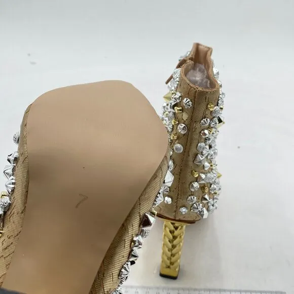 FSJ Gold Trendy Pointed Toe Ankle Boot Block Chunky Chai Heel Zipper Prom Boot