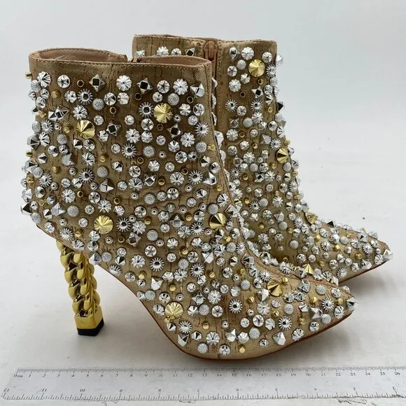 FSJ Gold Trendy Pointed Toe Ankle Boot Block Chunky Chai Heel Zipper Prom Boot