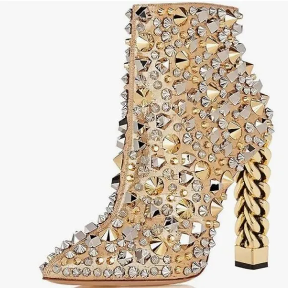 FSJ Gold Trendy Pointed Toe Ankle Boot Block Chunky Chai Heel Zipper Prom Boot
