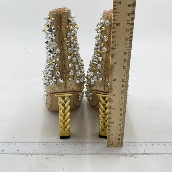 FSJ Gold Trendy Pointed Toe Ankle Boot Block Chunky Chai Heel Zipper Prom Boot