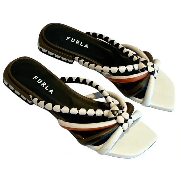 FURLA Aztec Fabi Genuine Leather white orange sandals slides boho cottage 38 8