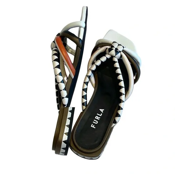 FURLA Aztec Fabi Genuine Leather white orange sandals slides boho cottage 38 8