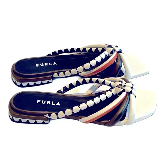 FURLA Aztec Fabi Genuine Leather white orange sandals slides boho cottage 38 8
