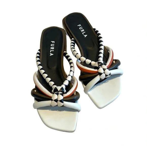 FURLA Aztec Fabi Genuine Leather white orange sandals slides boho cottage 38 8
