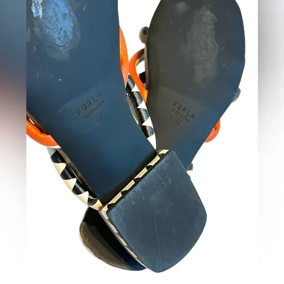 FURLA Aztec Fabi Genuine Leather white orange sandals slides boho cottage 38 8