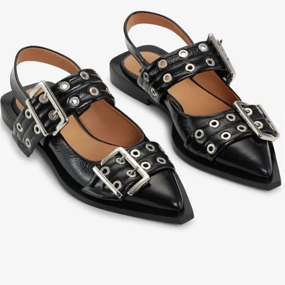 Ganni Black Feminine Buckle Ballerinas Shoes