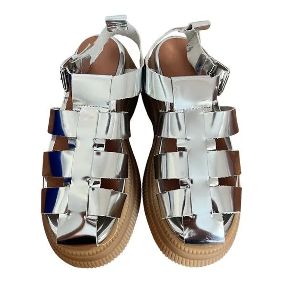 Ganni Creepers Grid Platform Silver Fisherman Sandals Size 37 EU