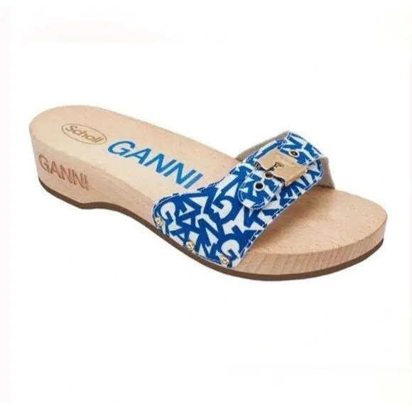 Ganni x Dr. Scholl's Blue Logo Canvas Original Clog Wooden Sandals Boho 9 NEW