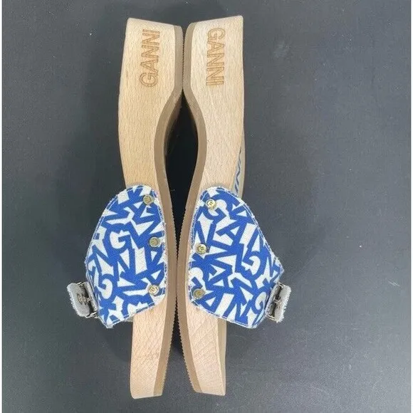 Ganni x Dr. Scholl's Blue Logo Canvas Original Clog Wooden Sandals Boho 9 NEW