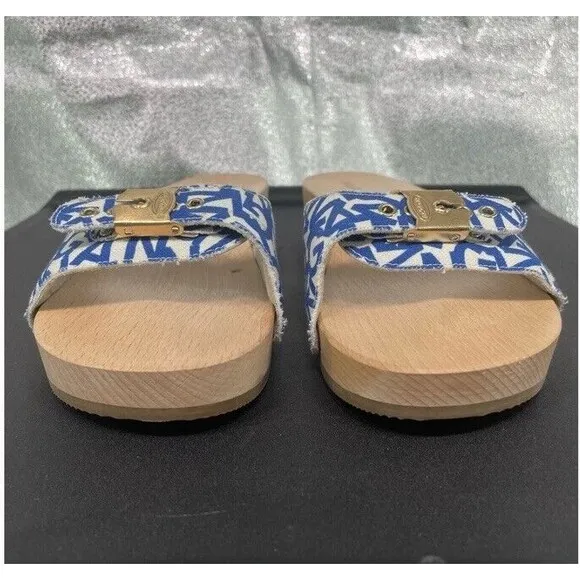 Ganni x Dr. Scholl's Blue Logo Canvas Original Clog Wooden Sandals Boho 9 NEW